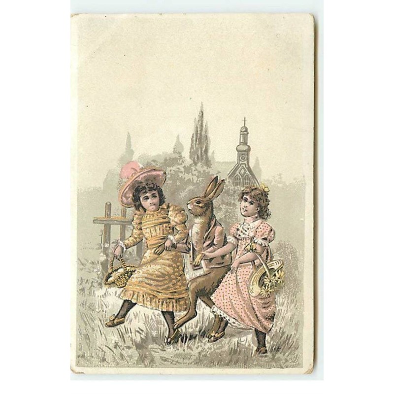 n°17829 - Pâques - Un lièvre au bras de deux fillettes