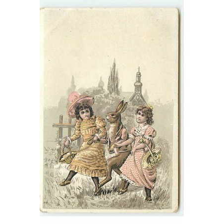 n°17829 - Pâques - Un lièvre au bras de deux fillettes