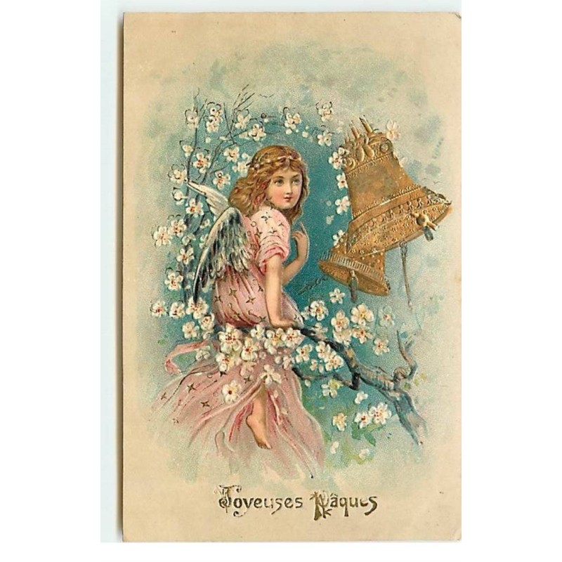 n°17830 - Carte Gaufrée - Joyeuses Pâques - Ange assis sur une branche fleurie, près de cloches