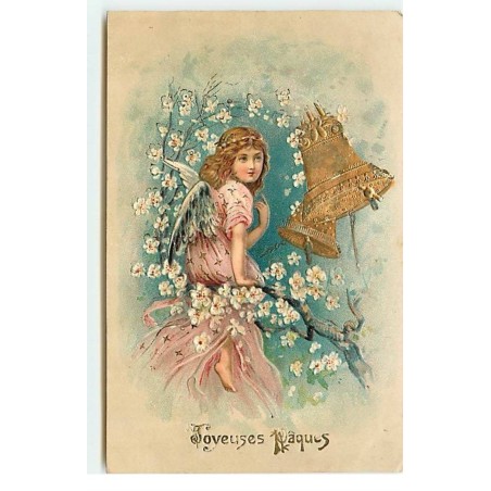n°17830 - Carte Gaufrée - Joyeuses Pâques - Ange assis sur une branche fleurie, près de cloches