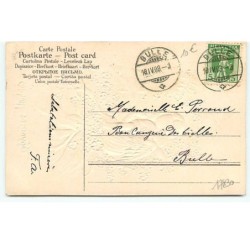 n°17830 - Carte Gaufrée - Joyeuses Pâques - Ange assis sur une branche fleurie, près de cloches
