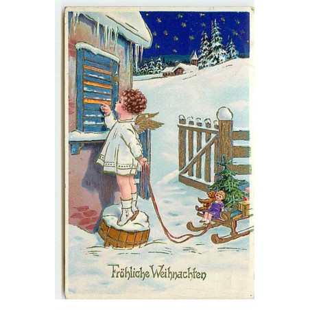 n°17832 - Fröhliche Weihnachten - Ange tirant une luge remplie de cadeaux, regardant par une fenêtre