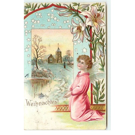 n°17833 - Fröhliche Weihnachten - Ange priant, au fond une église