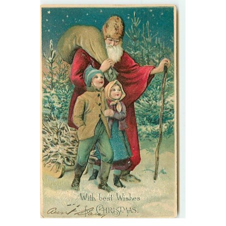 n°17838 - Carte Gaufrée - With best Wishes for Christmas - Père Noël marchant avec deux enfants