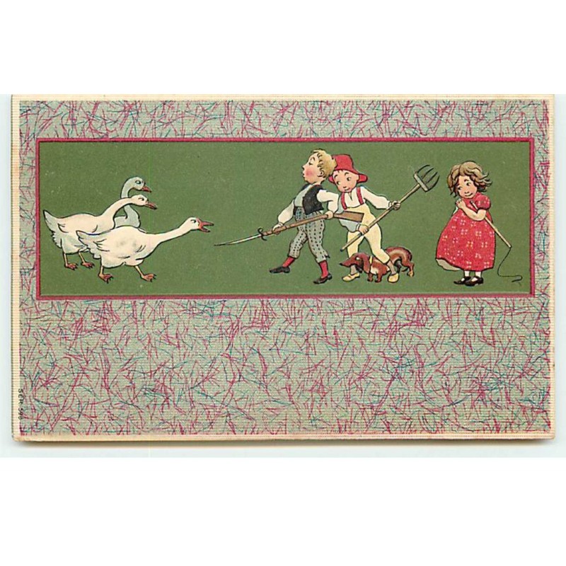 n°17843 - Carte Gaufrée - Enfants, avec un teckel chassant des oies