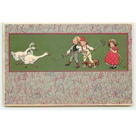 n°17843 - Carte Gaufrée - Enfants, avec un teckel chassant des oies