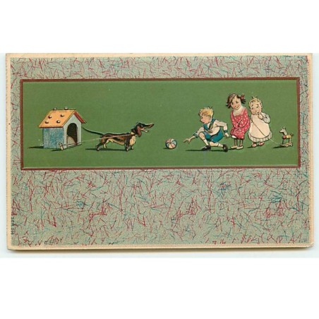 n°17844 - Carte Gaufrée - Enfants, voulant attraper une balle devant un teckel