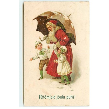 n°17859 - Rôômfaid joulu pühi - Enfants autour du Père Noël se protégeant sous un parapluie