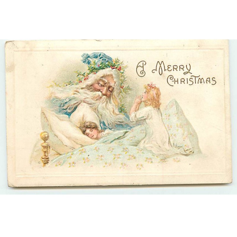 n°17864 - Carte Gaufrée - A Merry Chistmas - Père Noël veillant sur deux fillettes, l'une dormant l'autre priant