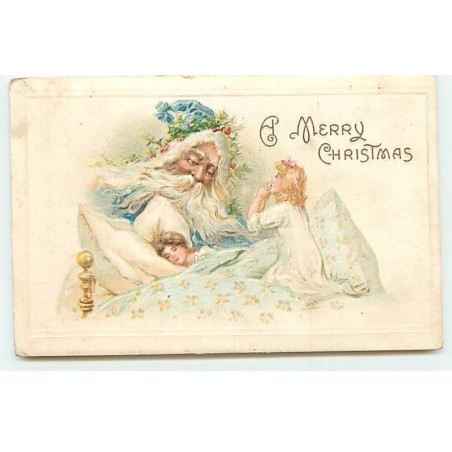 n°17864 - Carte Gaufrée - A Merry Chistmas - Père Noël veillant sur deux fillettes, l'une dormant l'autre priant