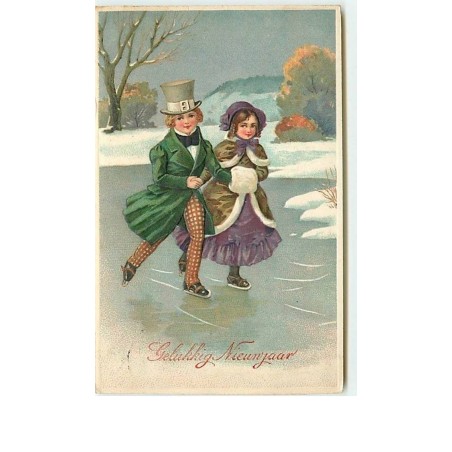 n°10741 - Carte Fantaisie Gaufrée - Gelukkig Nieunjaar - Enfants faisant du patin