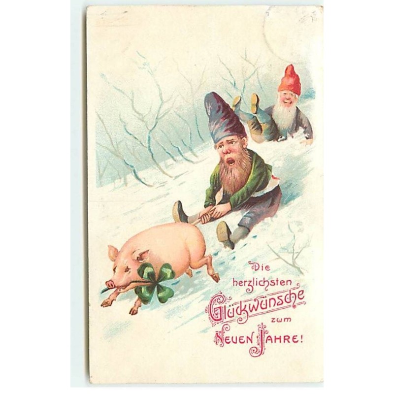 n°17876 - Die herzlichen Glückwünsche zum neuen Jahre - Lutin tenant la queue d'un cochon