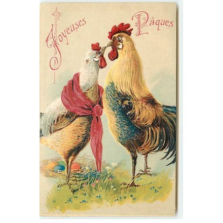 n°17879 - Carte Gaufrée - Joyeuses Pâques - Un coq et une poule s'embrassant