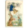 n°17880 - Carte Gaufrée - Joyeuses Pâques - Deux lièvres sous une cloche (fleurs bleues en tissus)