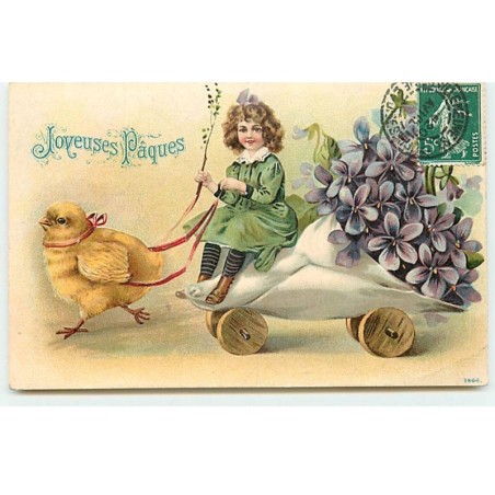 n°17881 - Carte Gaufrée - Joyeuses Pâques - Fillette sur une petite charette tirée par un poussin