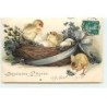 n°17884 - Carte Gaufrée - Joyeuses Pâques - Poussins dans un panier en osier, rempli de violettes