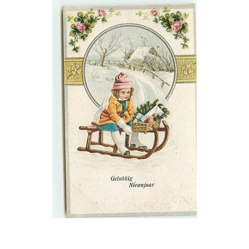 n°10742 - Carte Fantaisie Gaufrée - Gelukkig Nieunjaar - Enfant sur une luge - Sports Hiver