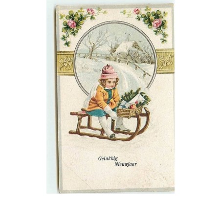 n°10742 - Carte Fantaisie Gaufrée - Gelukkig Nieunjaar - Enfant sur une luge - Sports Hiver