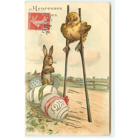 n°17886 - Carte Gaufrée - Heureuses Pâques - Poussin sur des échasses, sous le regard d'un lièvre