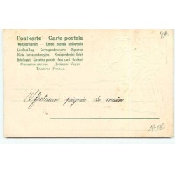n°17886 - Carte Gaufrée - Heureuses Pâques - Poussin sur des échasses, sous le regard d'un lièvre