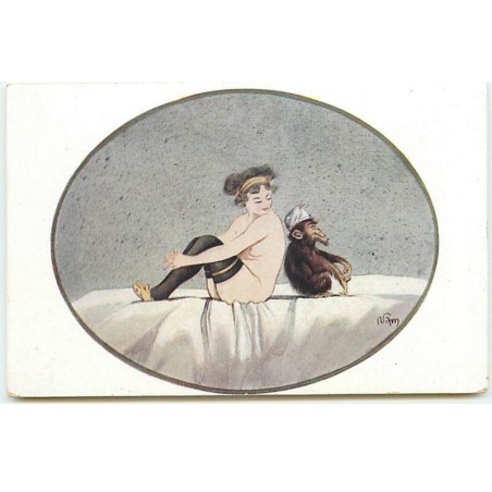 n°18008 - Nam - Bouderie - Jeune femme en bas dos à dos avec un singe