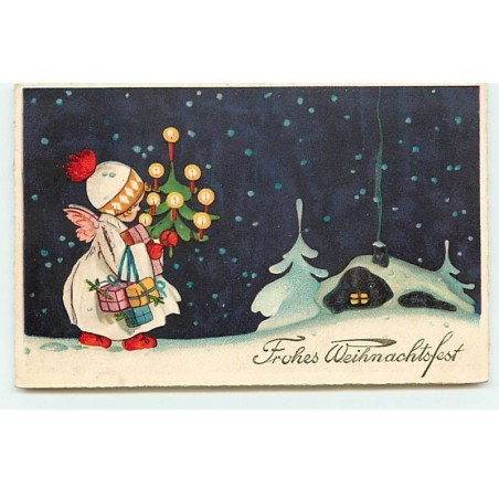 n°18019 - Frohes Weihnachtsfest - Ange apportant cadeaux et sapin dans la nuit