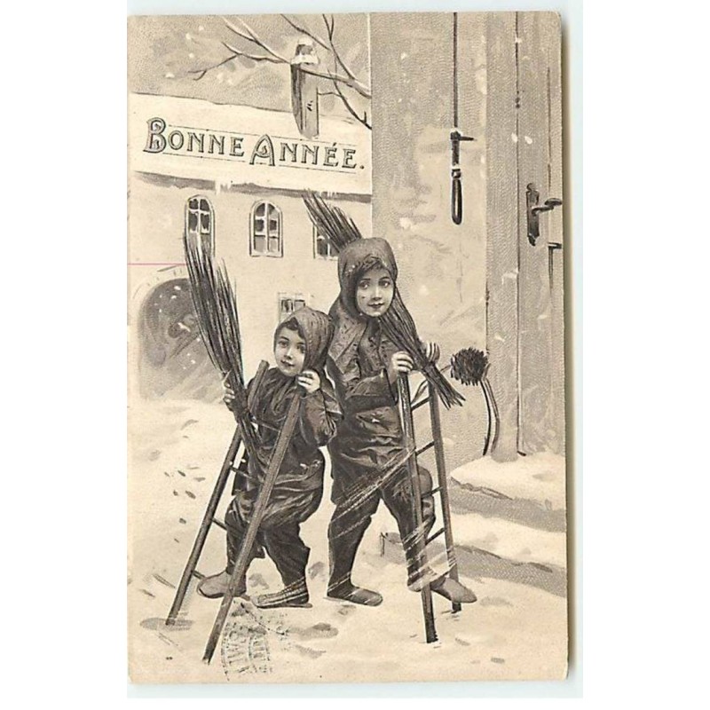 n°18029 - Carte Gaufrée - Bonne Année - Petits ramoneurs jouant avec leurs échelles