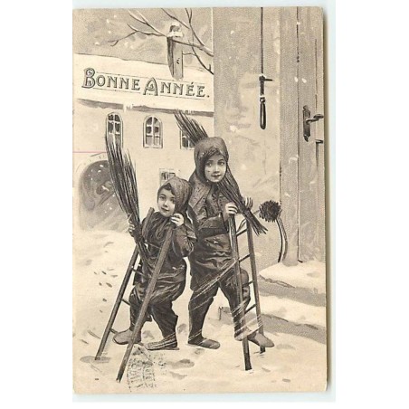 n°18029 - Carte Gaufrée - Bonne Année - Petits ramoneurs jouant avec leurs échelles