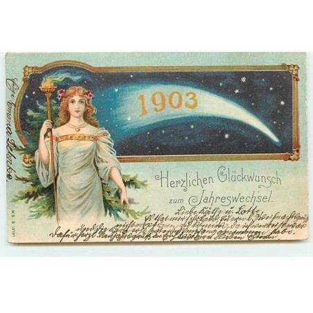 n°18031 - Herzlichen Glückwunsch zum Jahreswechsel - 1903 - Jeune femme - comète