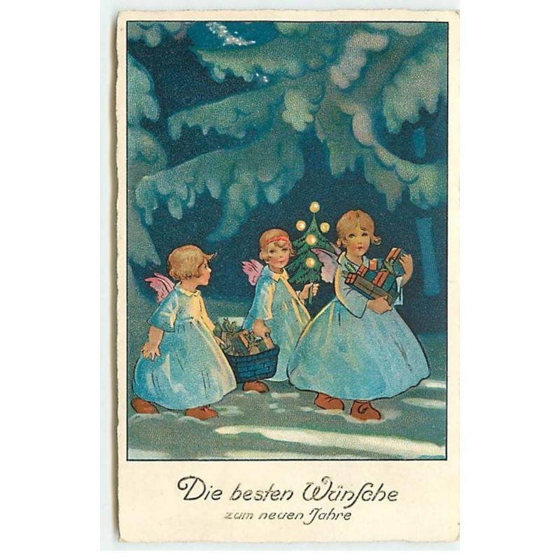 n°18033 - Die besten Wünsche zum neuen Jahre - Anges apportant des cadeaux dans la nuit