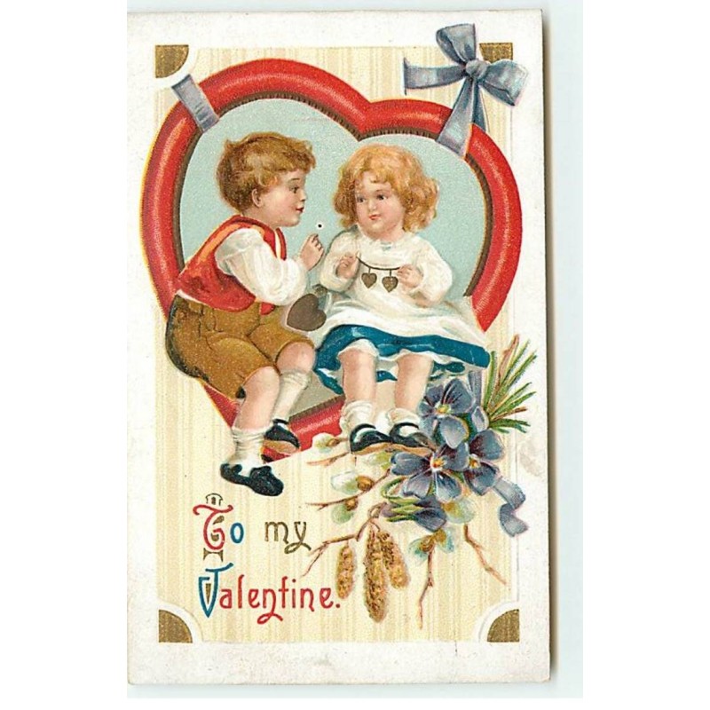 n°18043 - Carte Gaufrée - Clapsaddle - To my Valentine - Deux enfants assis dans un coeur