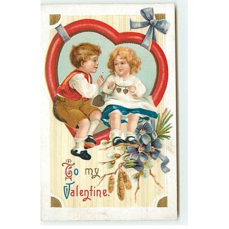 n°18043 - Carte Gaufrée - Clapsaddle - To my Valentine - Deux enfants assis dans un coeur