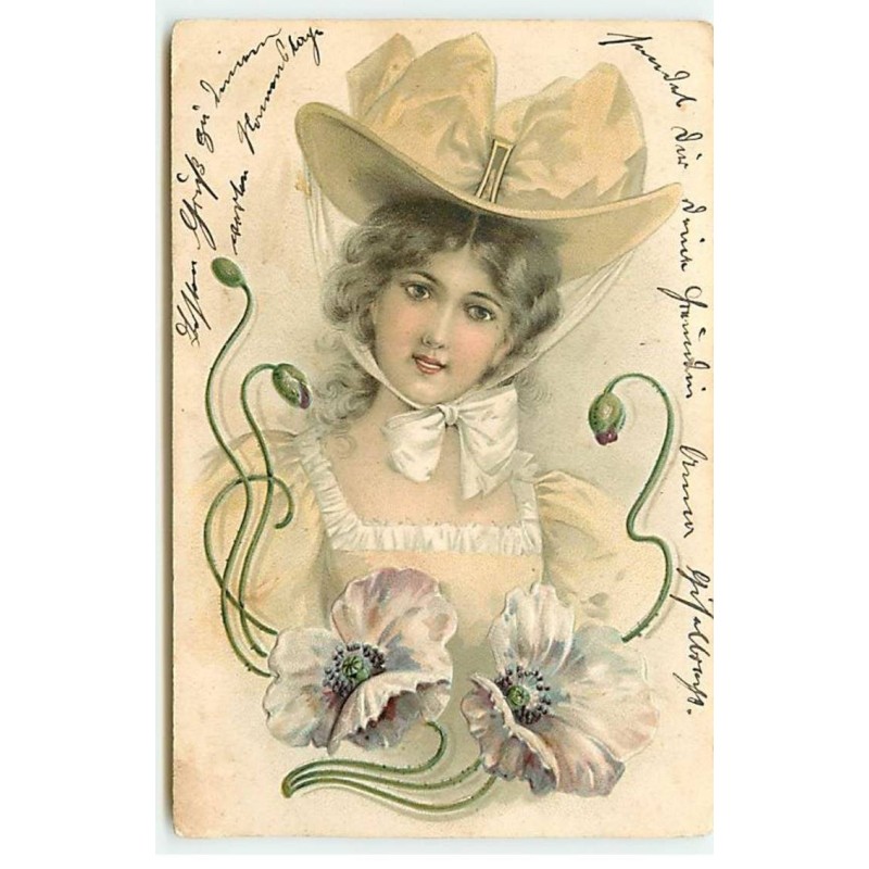 n°18049 - Carte Gaufrée - Art Nouveau - Jeune femme portant un chapeau
