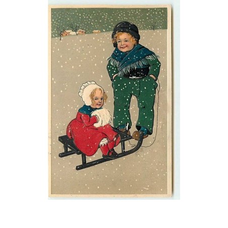 n°10746 - Carte Fantaisie Gaufrée - Style Flatscher - Enfants sur une Luge n°3