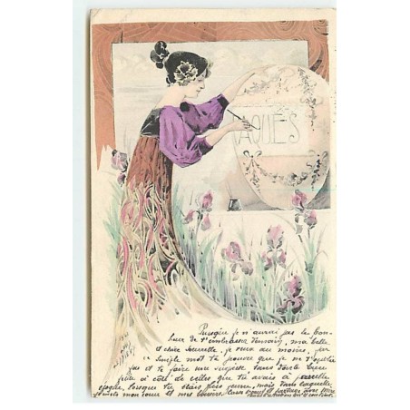 n°18103 - Lessieux - Iris - Jeune Femme peignant le mot Pâques sur un oeuf