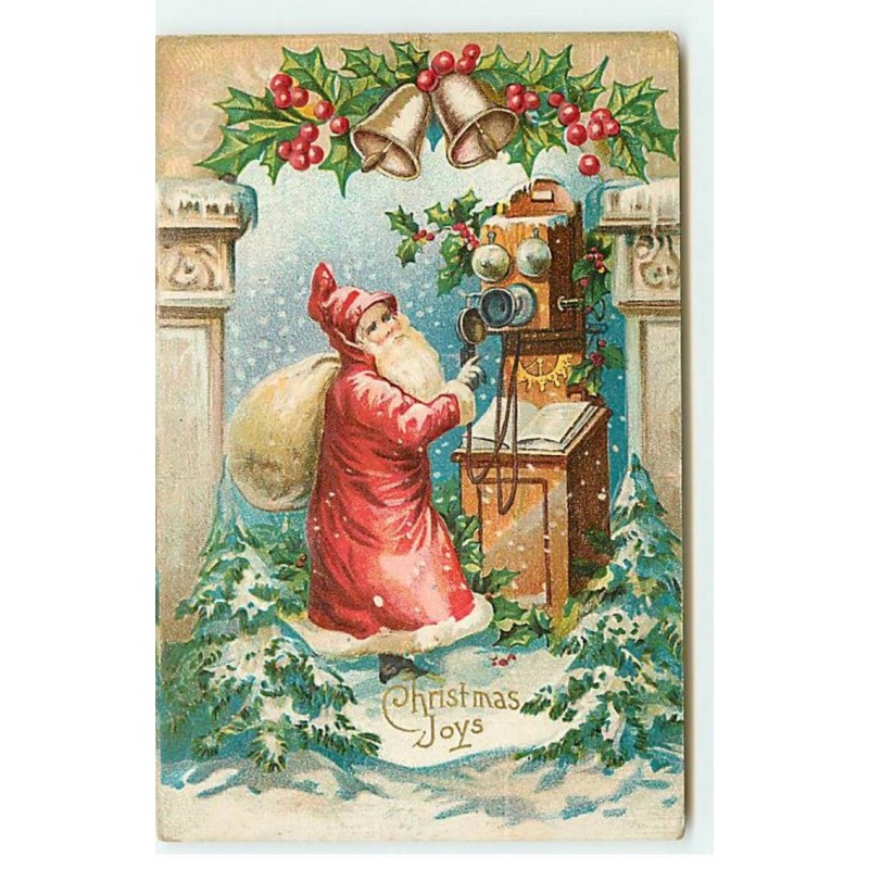 n°18123 - Carte Gaufrée - Christmas Joys - Père Noël téléphonant