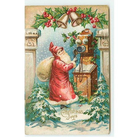 n°18123 - Carte Gaufrée - Christmas Joys - Père Noël téléphonant