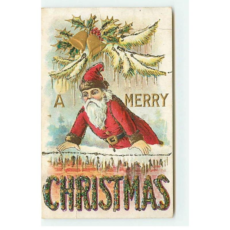 n°18124 - Carte Gaufrée et à paillettes - A Merry Christmas - Père Noël au-dessus d'un mur