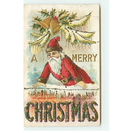n°18124 - Carte Gaufrée et à paillettes - A Merry Christmas - Père Noël au-dessus d'un mur
