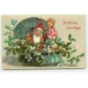 n°18128 - Carte Gaufrée - Christmas Greetings - Père Noël tenant une bouteille de champagne parmi du gui
