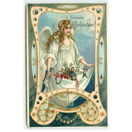 n°18133 - Carte Gaufrée - Fröhliche Weihnachten - Ange gardien avec des jouets