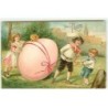 n°18139 - Carte Gaufrée - Joyeuses Pâques - Enfants déplaçant un gros oeuf