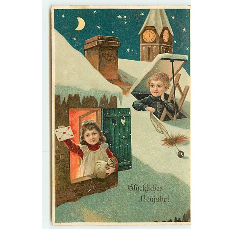 n°18147 - Carte Gaufrée - Glückliches Neujahr - Ramoneur appelant une fillette