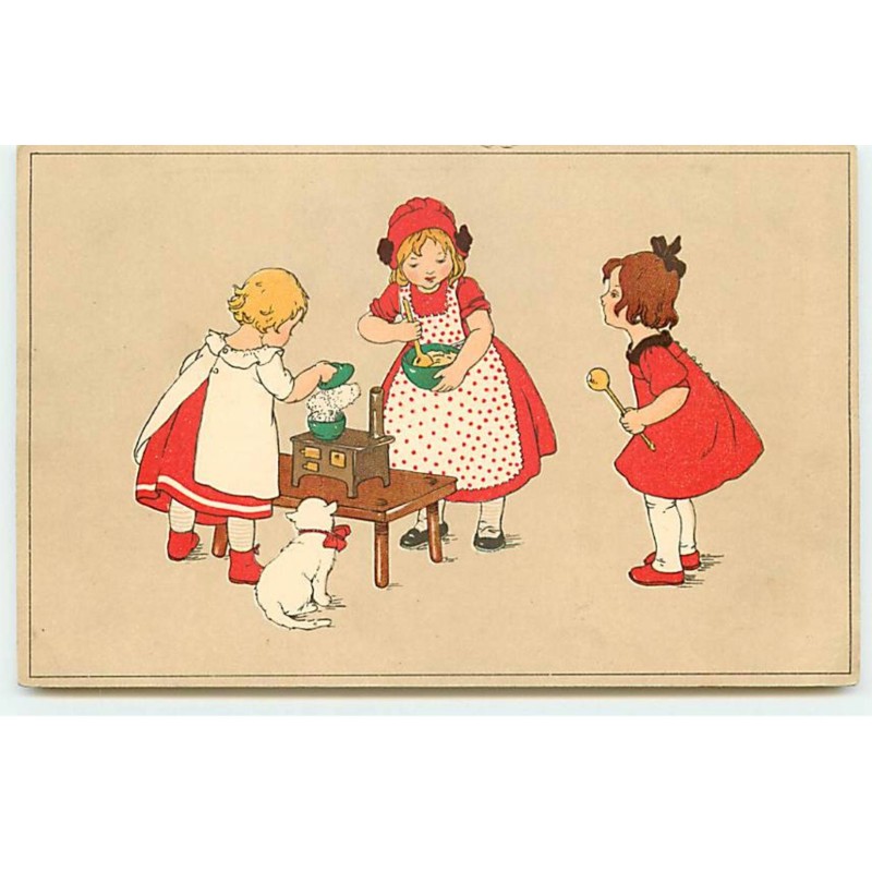 n°18157 - Meissner - Style Ebner - Fillettes faisant la cuisine - chat