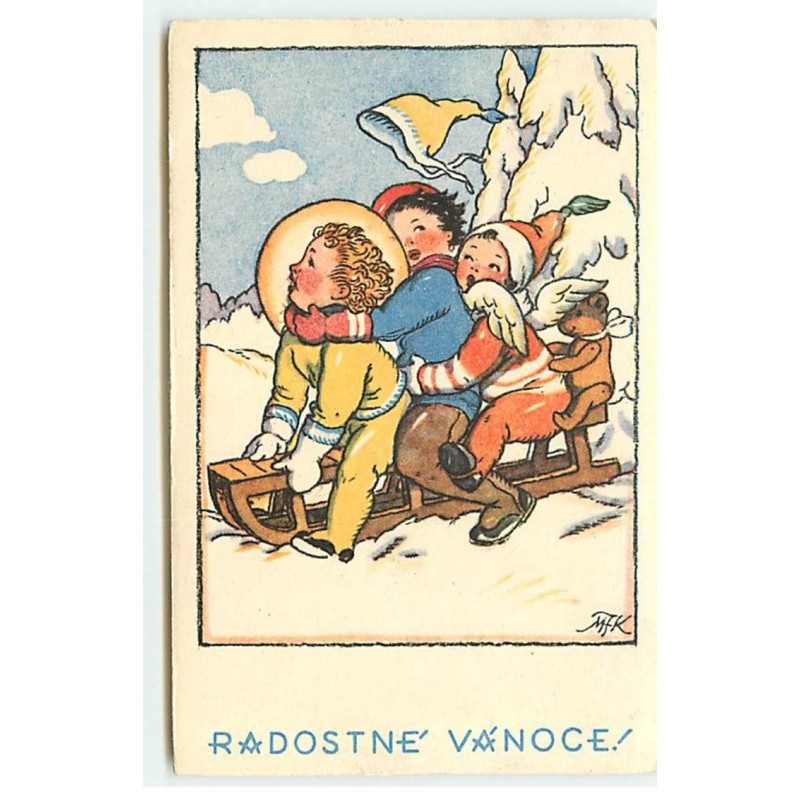 n°18160 - M. Fischerova-Kvéchova - Enfants sur une luge, avec un ange et un ours en peluche - Teddy Bear