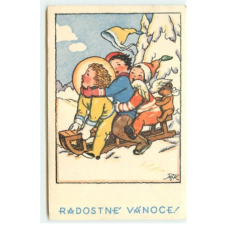 n°18160 - M. Fischerova-Kvéchova - Enfants sur une luge, avec un ange et un ours en peluche - Teddy Bear
