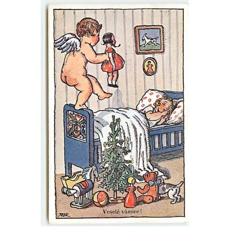 n°18167 - M. Fischerova-Kvéchova - Ange jouant avec un poupée à côté d'une fillette dormant