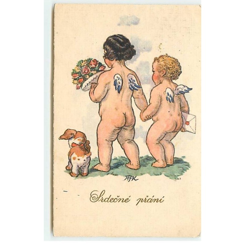 n°18169 - M. Fischerova-Kvéchova - Anges apportant une lettre, un bouquet, avec un chien à leur côté