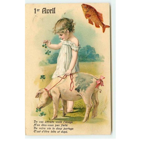 n°18172 - Carte Gaufrée - 1er Avril - Fillette tenant un cochon en laisse