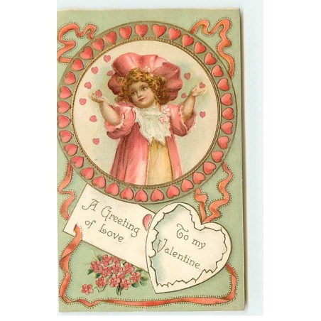 n°18176 - Carte Gaufrée - Clapsaddle - To my Valentine A Greeting of Love - Fillette dans un médaillon avec des coeurs